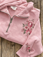 Women's Pink Ribbon Floral Print Zip Up Sweatshirt