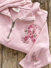 Women's Pink Ribbon Floral Print Zip Up Sweatshirt