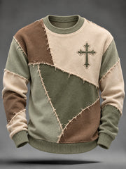 Men's Faith-Themed Color Block Patchwork Design Casual Round-Neck Sweatshirt