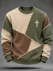 Men's Faith-Themed Color Block Patchwork Design Casual Round-Neck Sweatshirt