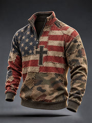 Men's American Flag Camouflage Cross Print Zip-Up Hoodie