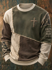 Men's Faith-Themed Color Block Patchwork Design Casual Round-Neck Sweatshirt