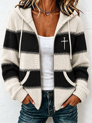 Women's Christian Art Cross Pattern Cozy Knit Hooded Cardigan