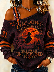 Women's Halloween Witch Art Print Casual Off-Shoulder Sweatshirt