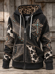 Women's Faith Western Turquoise Christian Cross Cowhide Patchwork Print Full Zip Hoodie