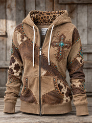 Women's Vintage Western Turquoise Christian Cross Patchwork Print Full Zip Hoodie