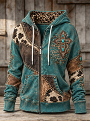 Women's Faith Over Fear Western Turquoise Cross Patchwork Print Full Zip Hoodie