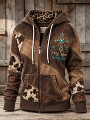 Women's Pray More Worry Less Western Christian Cross Patchwork Print Full Zip Hoodie