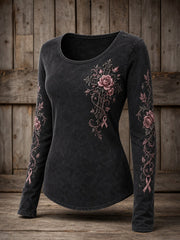Women's Gothic Cross Pink Ribbon Roses Floral Print Round-Neck Long-Sleeve T-Shirt