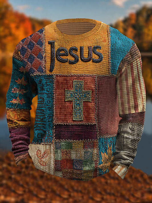 Men's Retro Casual Faith Cross Art Print  Waffle Long Sleeve T-Shirt