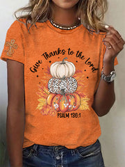Women's Give Thanks to the Lord Christian Cross Thankful Pumpkins  Short Sleeve T-Shirt