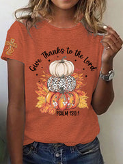 Women's Give Thanks to the Lord Christian Cross Thankful Pumpkins  Short Sleeve T-Shirt