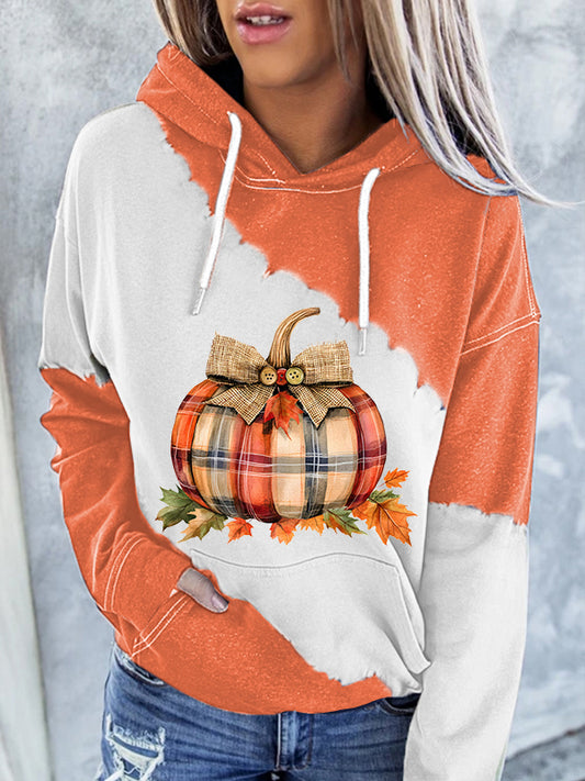 Women's Fall Plaid Pumpkin Print Casual Hoodie