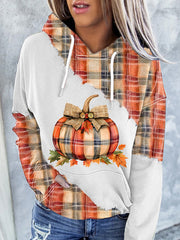 Women's Fall Plaid Pumpkin Print Casual Hoodie