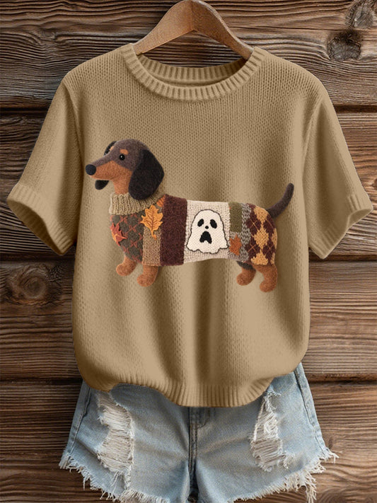 Women's Felt Art Dachshund Pattern Cozy Knit Top