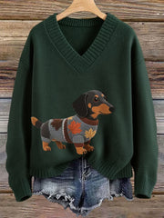 Women's Autumn Dog Art Print Long Sleeve V-neck Imitation Sweater