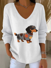 Women's Autumn Dog Art Print V-Neck Ribbed Top
