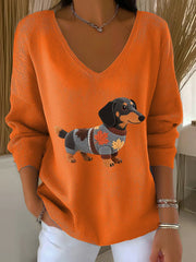 Women's Autumn Dog Art Print V-Neck Ribbed Top