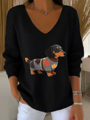 Women's Autumn Dog Art Print V-Neck Ribbed Top
