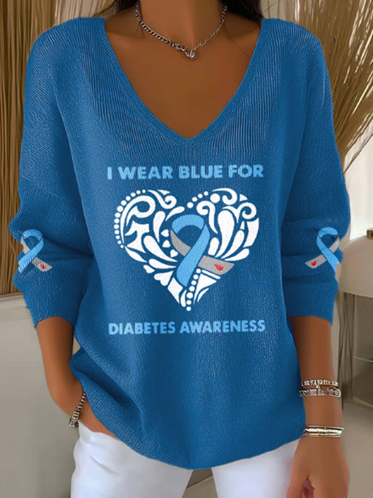 Women's I'M Wear Blue For Diabetes Awareness Print V Neck Sweater