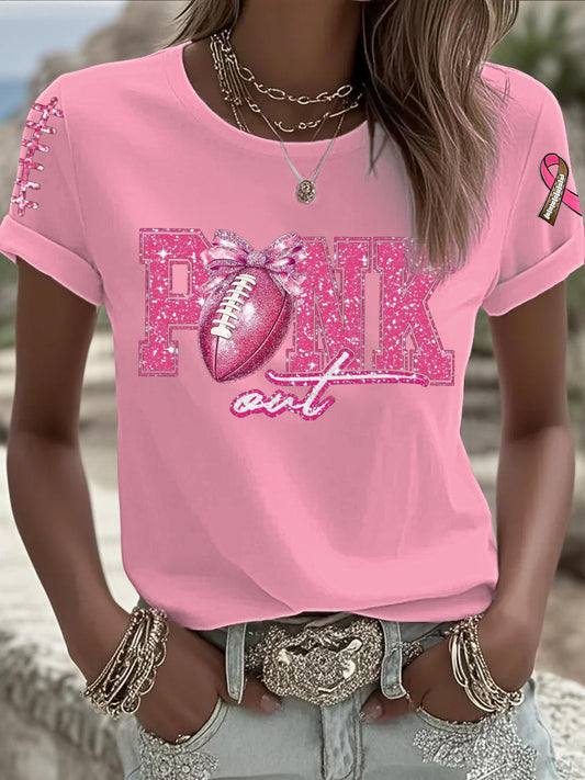 Women's  Breast Cancer Pink Football Print T-shirt