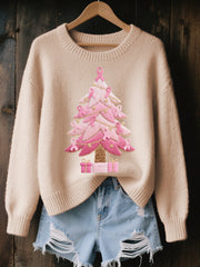 Women's Pink Christmas Tree Embroidered Cozy Knit Sweater