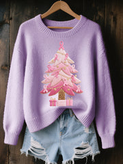 Women's Pink Christmas Tree Embroidered Cozy Knit Sweater