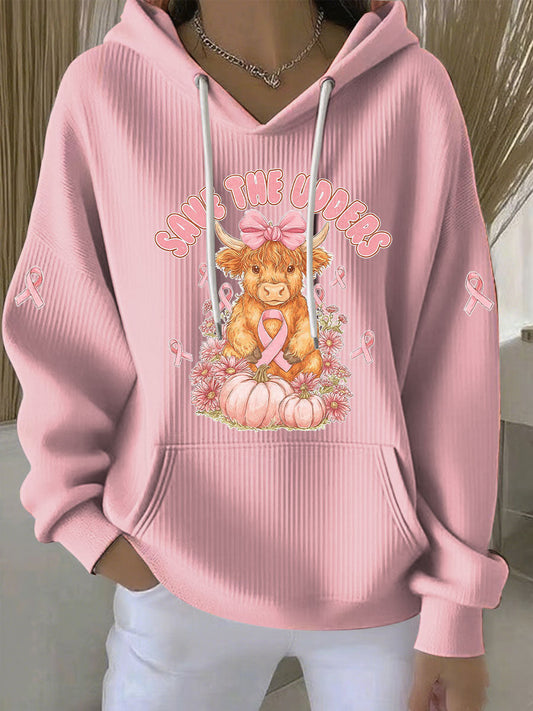 Women's Breast Cancer Awareness Pink Ribbon Print Casual Hoodie