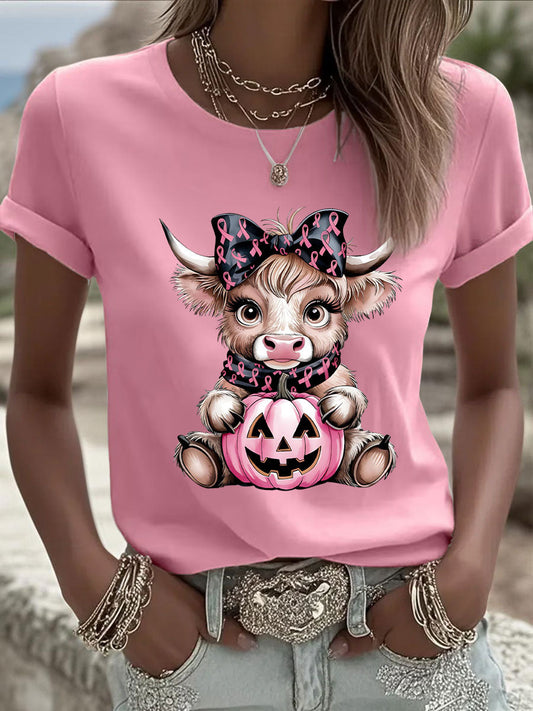 Women's Breast Cancer Awareness Highland Cow Print Casual T-Shirt