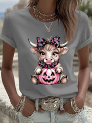 Women's Breast Cancer Awareness Highland Cow Print Casual T-Shirt