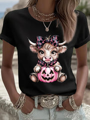 Women's Breast Cancer Awareness Highland Cow Print Casual T-Shirt