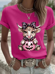 Women's Breast Cancer Awareness Highland Cow Print Casual T-Shirt