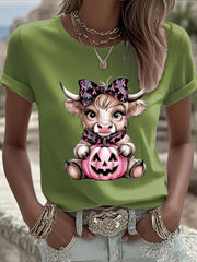 Women's Breast Cancer Awareness Highland Cow Print Casual T-Shirt
