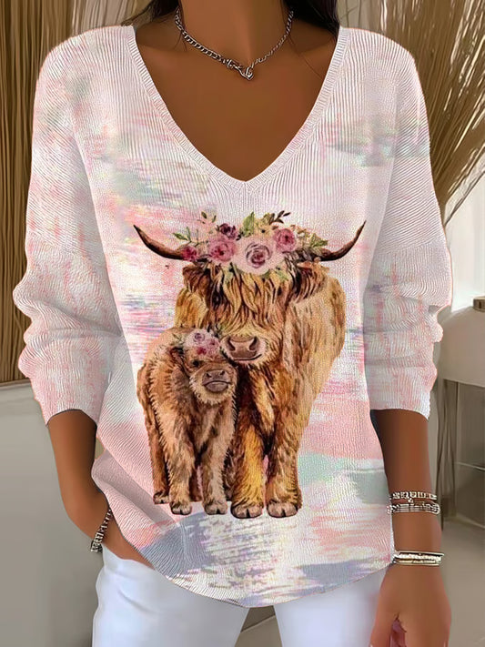 Women's West Highland Cow Print V-Neck Ribbed Top
