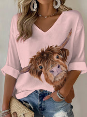 Women's Highland Cow Printed  Waffle T-shirt