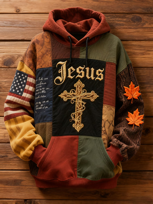 Men's Retro Casual Faith Cross Art Print Oversized Drop-Shoulder Pockets Hoodie
