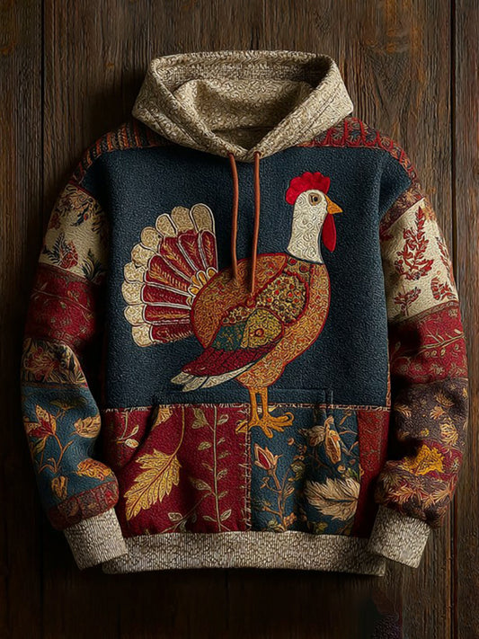 Vintage Thanksgiving Turkey Patchwork Print Art Casual Hoodie