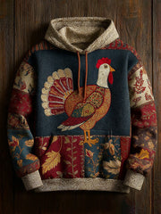 Vintage Thanksgiving Turkey Patchwork Print Art Casual Hoodie