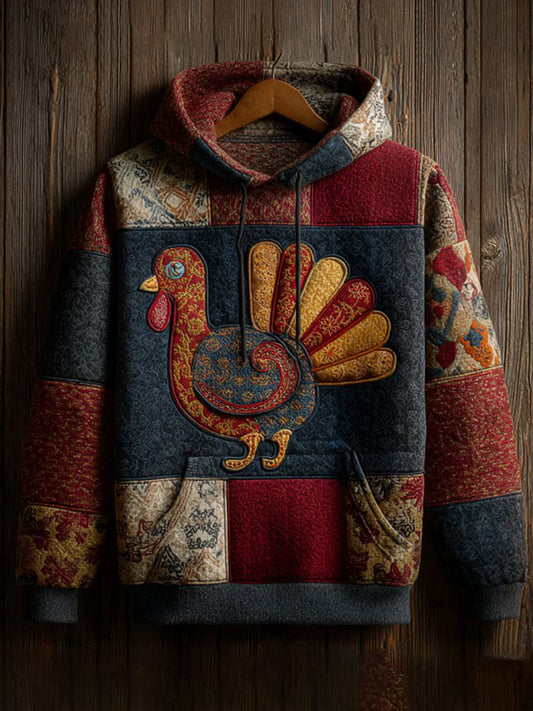 Vintage Thanksgiving Turkey Patchwork Print Art Casual Hoodie