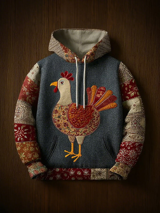 Vintage Thanksgiving Turkey Patchwork Print Art Casual Hoodie