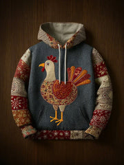 Vintage Thanksgiving Turkey Patchwork Print Art Casual Hoodie
