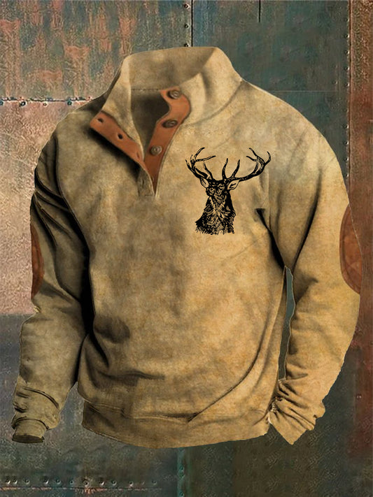 Men's Vintage Western Stag Print Casual Loose Long Sleeve Sweatshirt