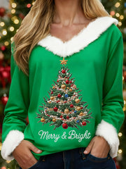 Women's Merry And Bright Christmas Tree Print Casual Fur-Collar Top