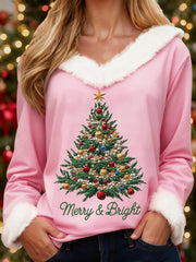 Women's Merry And Bright Christmas Tree Print Casual Fur-Collar Top