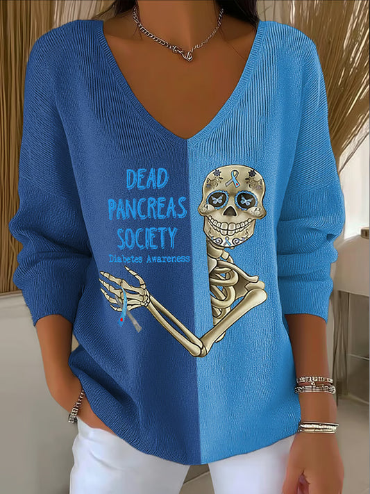 Women's Dead Pancreas Society – Diabetes Awareness Print V Neck Sweater