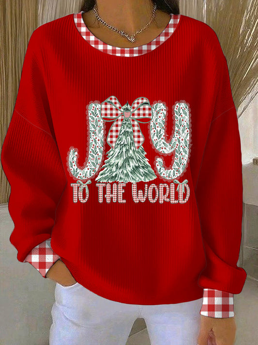 Women's Coquette Jesus Christmas Joy To The World  Ribbed Round-Neck Sweatshirt