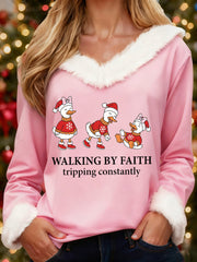 Women's Funny Christmas Goose Walking By Faith Tripping Constantly Print Casual Fur-Collar Top