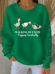 Women's  Funny Christmas Goose Walking By Faith Tripping Constantly Ribbed Round-Neck Sweatshirt