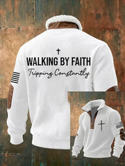 Men's Faith Cross Walking by Faith Tripping Constantly Print Zipper Fur Collar  Sweatshirt