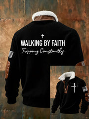 Men's Faith Cross Walking by Faith Tripping Constantly Print Zipper Fur Collar  Sweatshirt